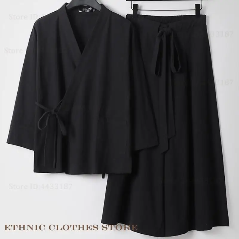 

Плюс размер 3XL-9XL мужской кардиган брюки комплект хлопок и лен японское кимоно хаори юката свободная куртка Harajuku самурайский костюм ханьфу