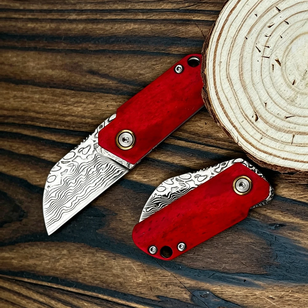 Bone Folder Tool - 新しいミニダマスカス製キーホルダー折りたたみナイフ、染色牛骨ハンドル付き—ポータブルアウトドアキャンプナイフ兼普段使いツール