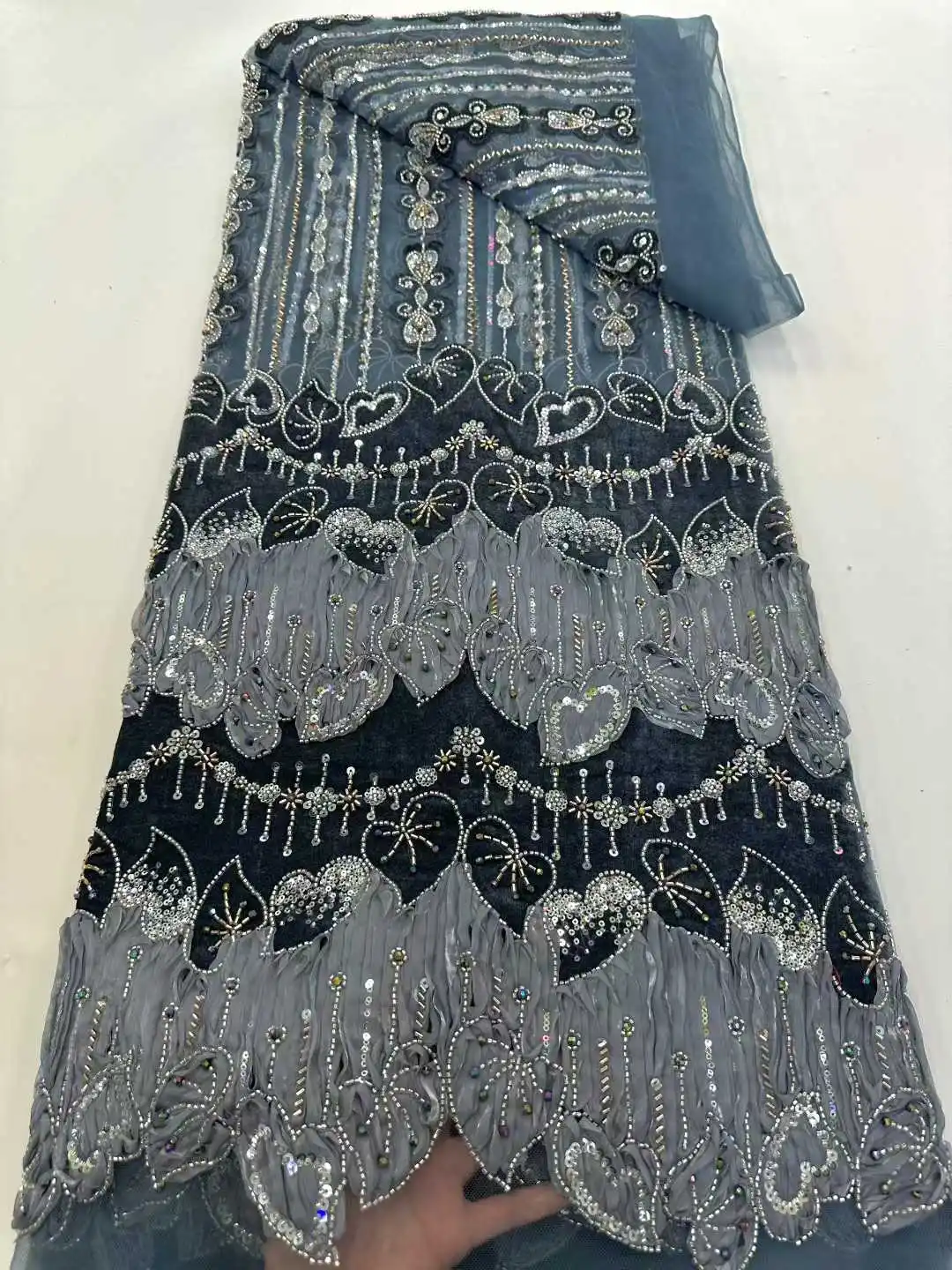 Luxury Beads Mesh Lace Fabrics Velvet Lace Nigerian African Tulle French Tulle Beaded Net Lace for Women Evening Dresses 1971