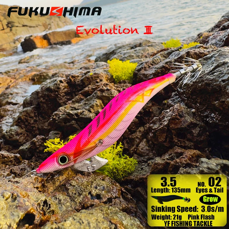 FUKUSHIMAZEECK3.5 SQUID JIG EVOLUTION EGI LURE FISHING WOOD SHRIMP BAIT FLASH BODY EYES & TAIL GLOW SHARP HOOKS 21GRAM EBI-SOUND – Detail 14