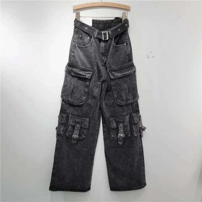 Streetwear Multi-Pocket Black Work Jeans High Waisted Loose Wide Leg Dragging Pants Y2k Clothes Black Pants Baggy Jeans