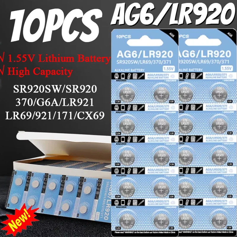 10PCS 1.55V Coin Battery AG6 371 SR920SW LR920 SR927 171 370 L921 LR69 SR920 Button Batteries for Watch Toys Remote Button Cell