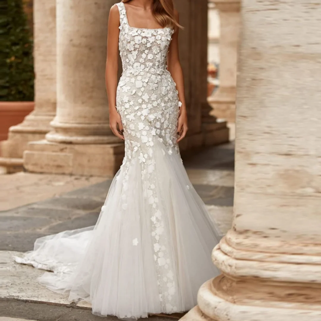 Fancy Mermaid Pleat Backless Tulle Appliques Wedding Dress Square Collar Wedding Dresses for Bride Customized
