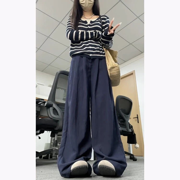 Casual losse damespakbroek hoge taille geplooide afslankende wijde pijpen Koreaanse Sle blauwe casual losse comfortabele broek