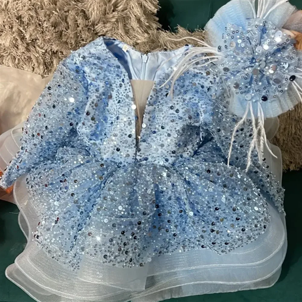 فستان الأميرة الفاخر لفتاة الزهور لحفلات الزفاف مع ترتر وأكمام طويلة للأطفال الصغار وحفلات أعياد الميلاد وحفلات التواصل حسب الطلب