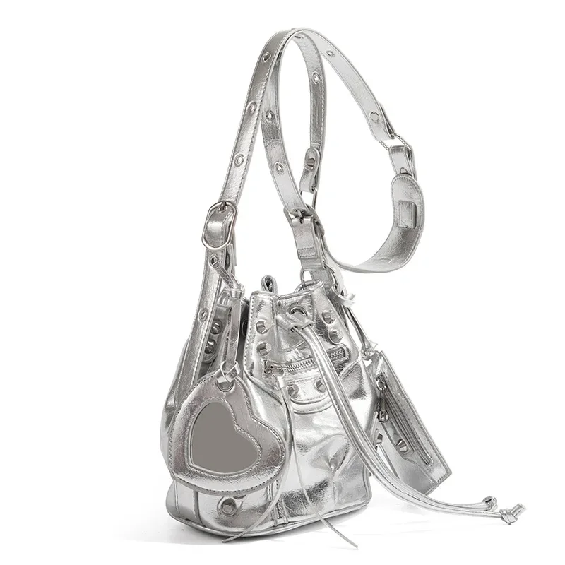 New Versatile Drawstring Shoulder bag Fashion Bucket Bag, Rivet Biker Bag, Premium Casual Commuter Shoulder Crossbody Bag