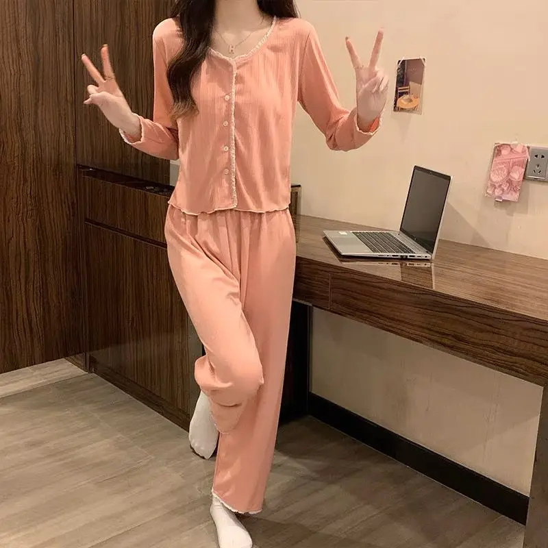 Pajama Sets Women Autumn Spring O-neck Long Sleeve Tops Button-up Sexy High Waist Pants Solid Lounge Wear Soft Casual Sleepwear