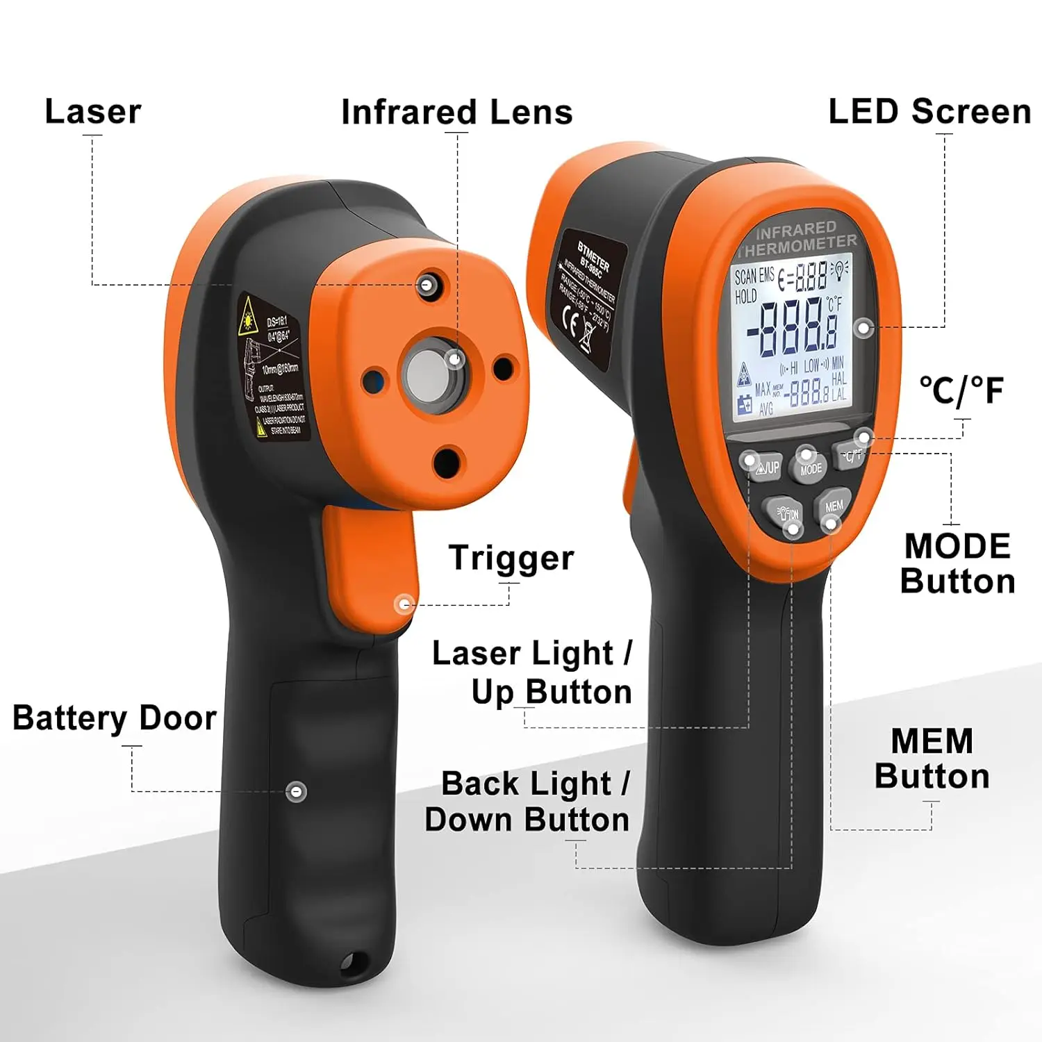 BT-985C Infrared Thermometer Gun -  Non Contact 16:1 IR Laser Temperature Gun Digital Instant Read -50℃~800℃(-58℉~1472℉)