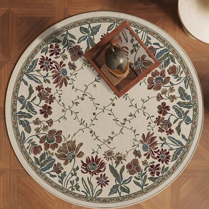 Retro Round Rug with Floral Print – Light Luxury Style for Living Room, Bedroom, or Under Coffee Table