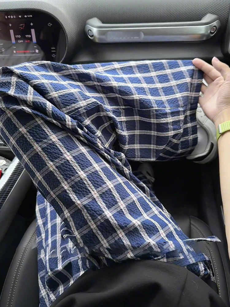 

Легкие летние брюки из ледяного шелка прямого кроя для мужчин: свободные, комфортные, с охлаждающим эффектом, из ткани Bubble Cloth, в клетку, повседневные