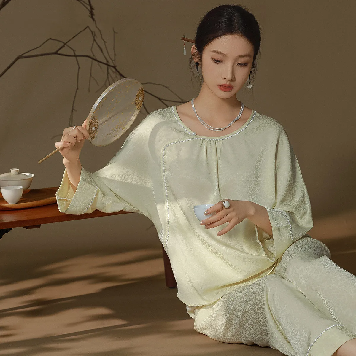 

Spring Pullover Pants Pyjamas 2Pcs Sleepwear Set Sleep Suit Women Home Clothes Silky Satin Pajamas Femme Loungewear