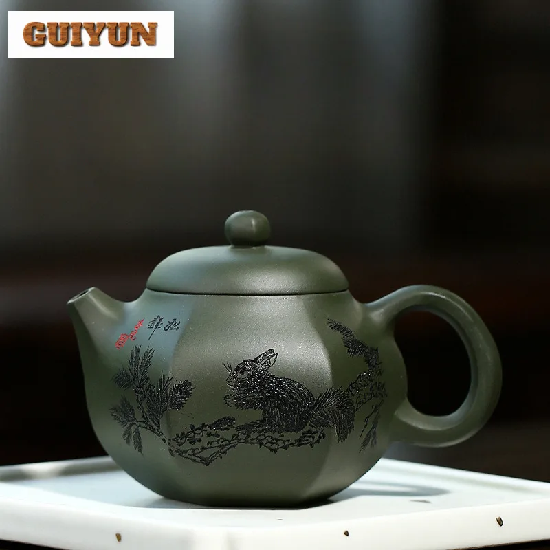 220ml Retro Yixing Purple Clay Teapots Handmade Hexagonal Pot Raw Ore Green Mud Kettle With Strainer Chinese Zisha Tea Set Tea