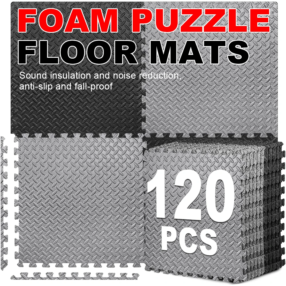 20/40/120 pièces de tapis de sol en mousse Eva haute densité (noir et gris), avec un panneau en mousse épissé, antidérapant, durable, confortable au toucher, adapté aux sols de gymnastique, aux zones