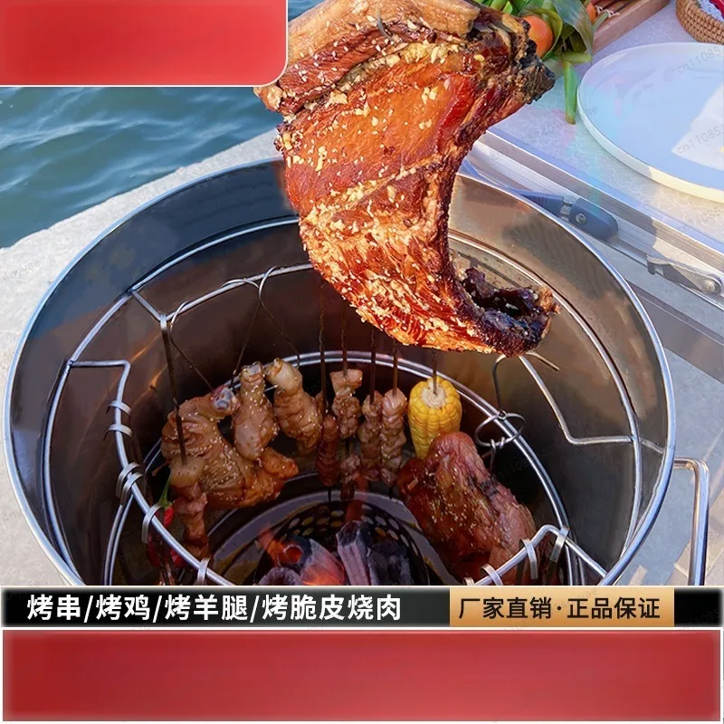 Commercial Grade Hanging Charcoal Grill, Large Capacity Smoker for Meat & Fish - Perfect for Home BBQ & Camping