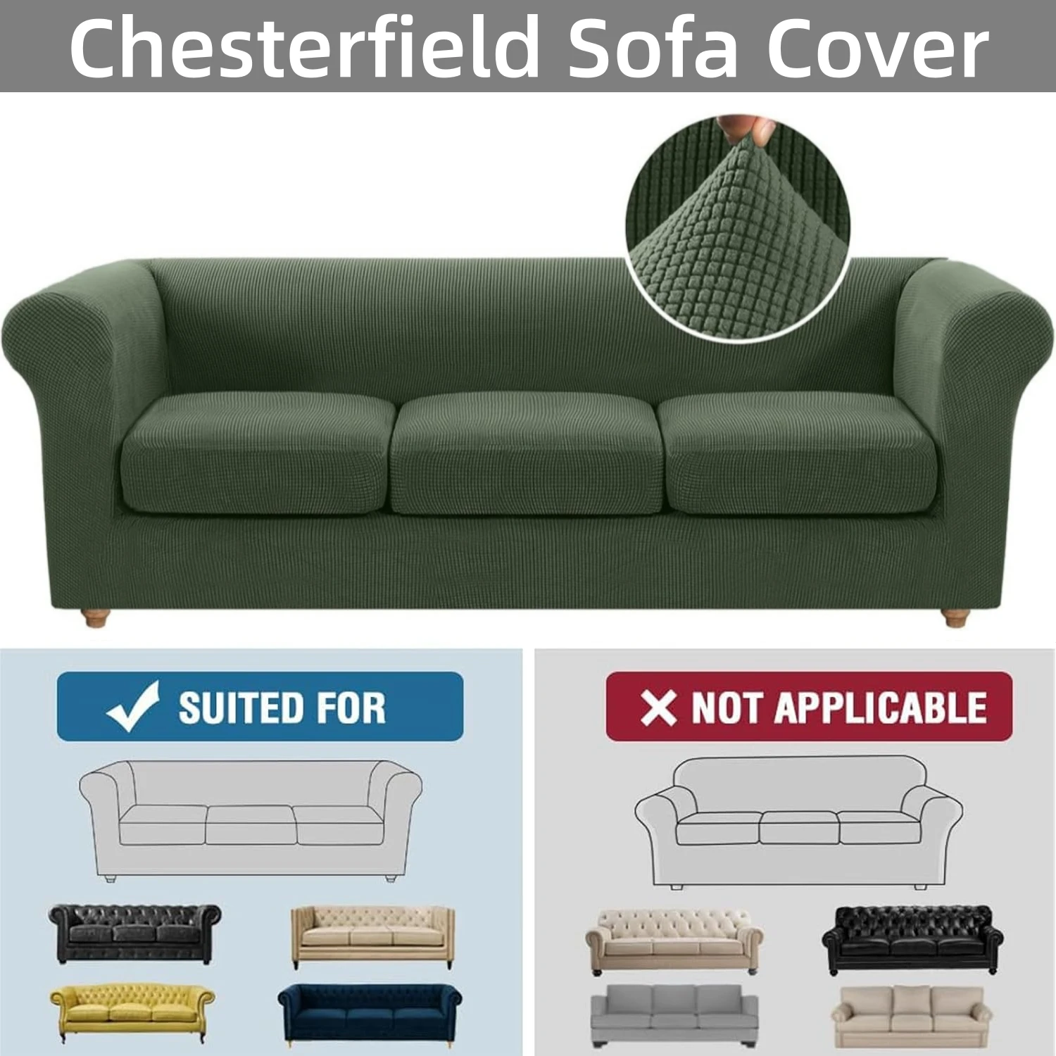 Stretch Chesterfield Couch Cover with Separate Cushion Covers for Living Room Non-Slip Sofa Slipcover