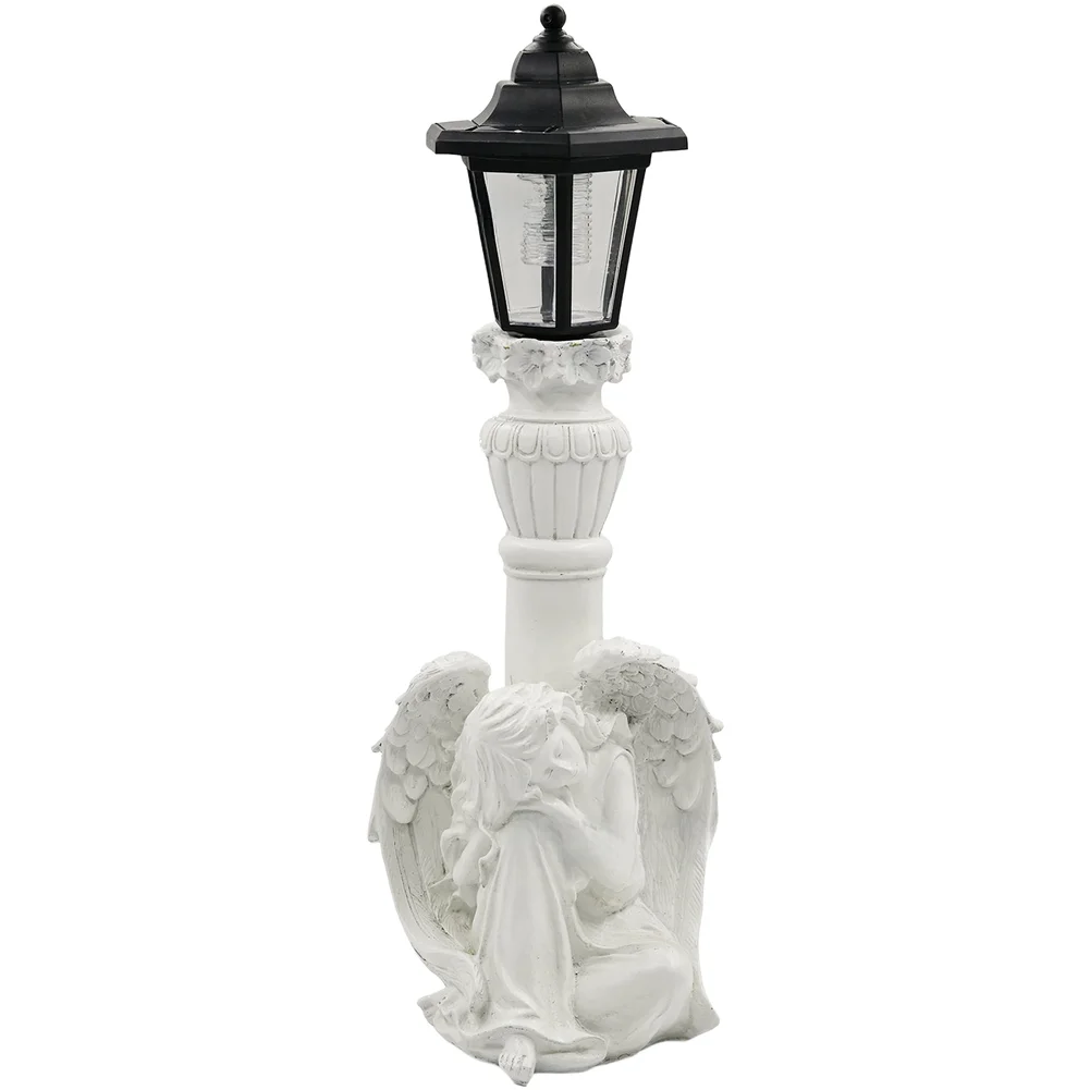 Resin Celestial Statue with Solar Power and Automatic Night Light for Garden Yard Patio Decor White Roman Column Design