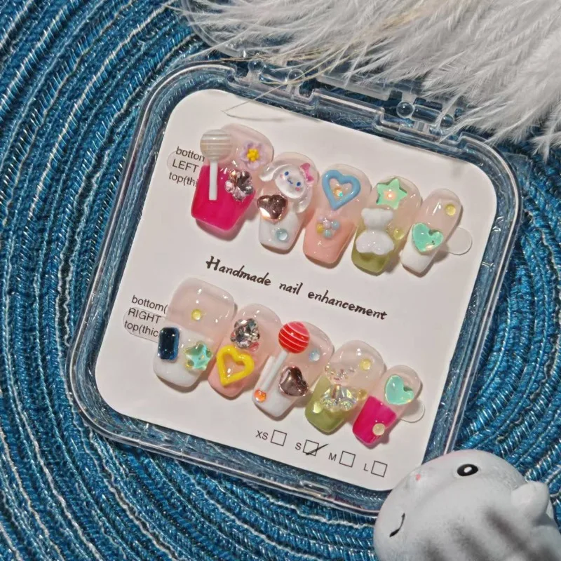 10 pçs bonito unhas artesanais quadrado curto redondo falso prego kawaii 3d sanrio cinnamoroll cor decoração design cobertura completa artes de unhas