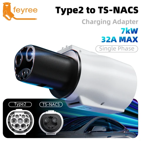 Адаптер для зарядки электромобилей Feyree Type 2 на NACS, 32А, 7кВт, 1 фаза, кабель-коннектор переменного тока для домашней зарядки электромобилей Tesla