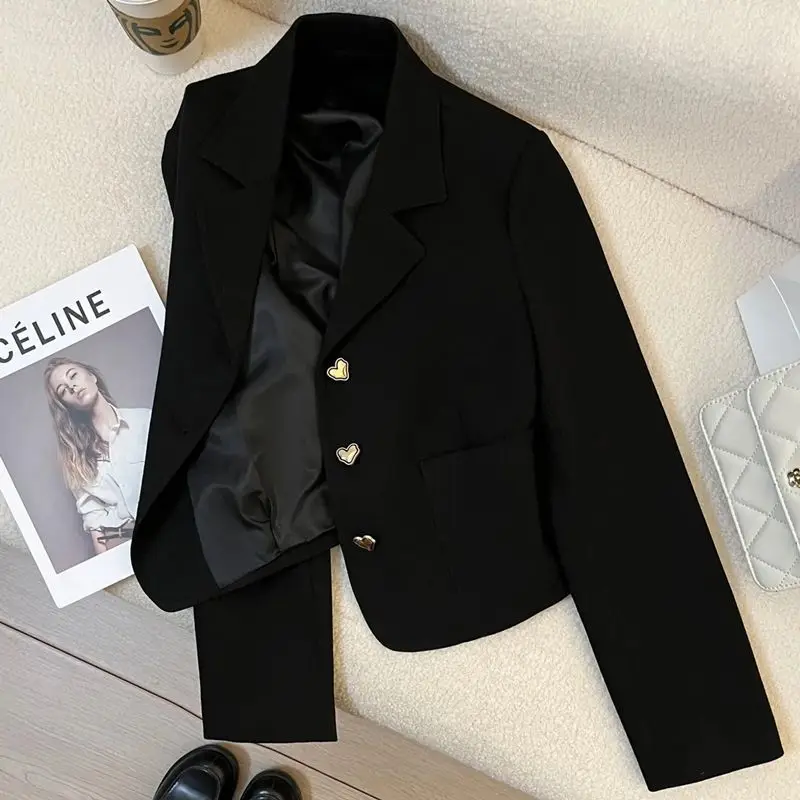 

Black small blazer women's spring and autumn new small love buckle high-end design short small fragrant suit