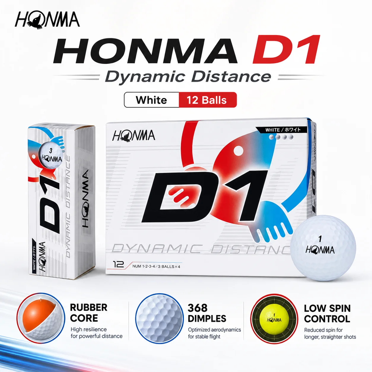 

HONMA D1 Golf Balls 12PCS Dynamic Distance 2 Piece Low Spin Golf Ball White Multi Color Practice Game Balls