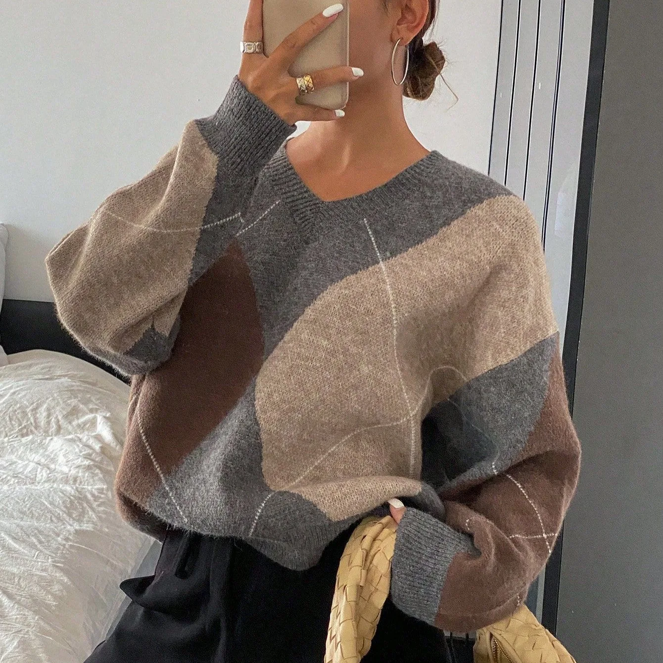 

Women Pullovers Sweaters Knitted V Neck Full Sleeve Jumpers Y2k Streetwear Elegant Splice Knit Work Causal Autumn Winter 2025