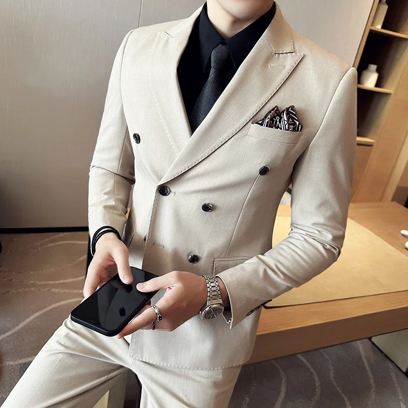 (Jackets+Vest+Pants) Men\'s Double-breasted Suits/Korean Style Groom\'s Wedding Dress 3-piece Set/Man Luxury Blazers Trousers 4XL