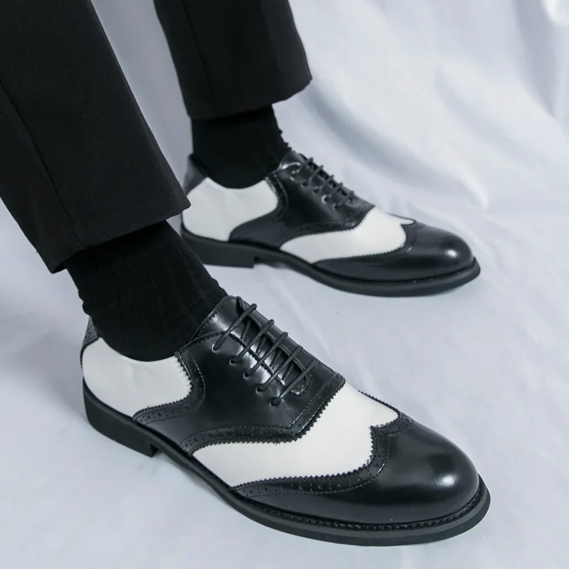 

Мужские кожаные туфли, официальная одежда больших размеров, черно-белые резные кожаные туфли с цветными блоками, свадебные туфли, модельные туфли.