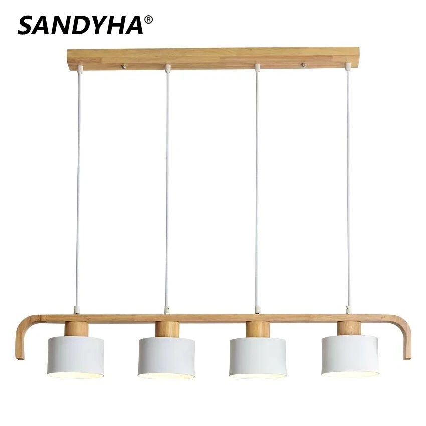 SANDYHA Nordic LED Chandeliers Metal Lustre Wood Line Kitchen Pendent Lights Dining Living Room Home Decor Hanging Lamp Fixtures