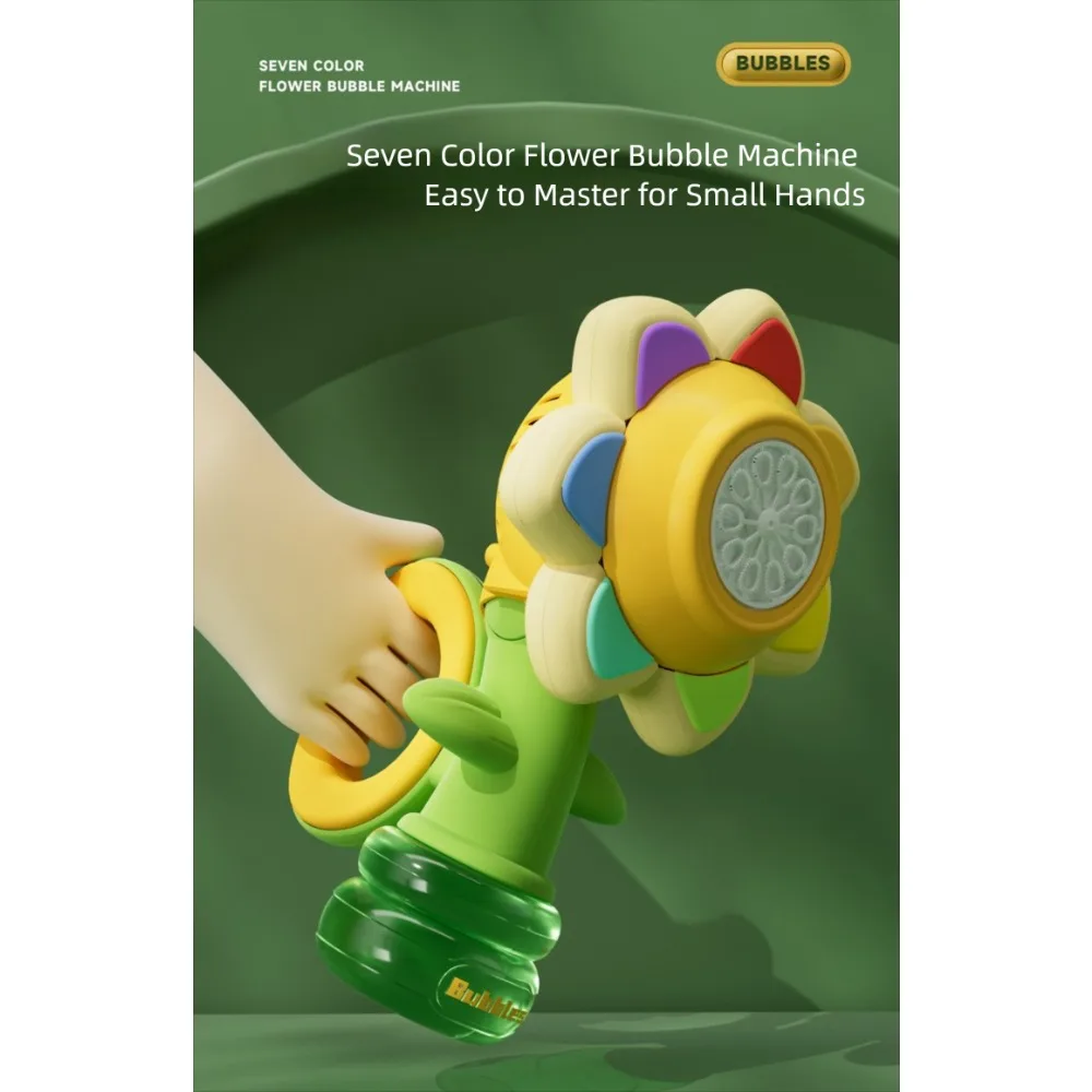 Seven Color Sunflower Shake Head Soap Bubbles Swing Light 3 Speed Adjustment Automatic Blowing Handheld Bubble Machine Kids Toys