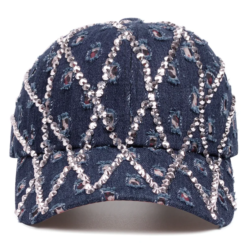 Rhinestone Argyle Distressed Denim Baseball Caps For Men Women Adjustable Sun Protection Casual Street Hats Light Cyan Navy Avai