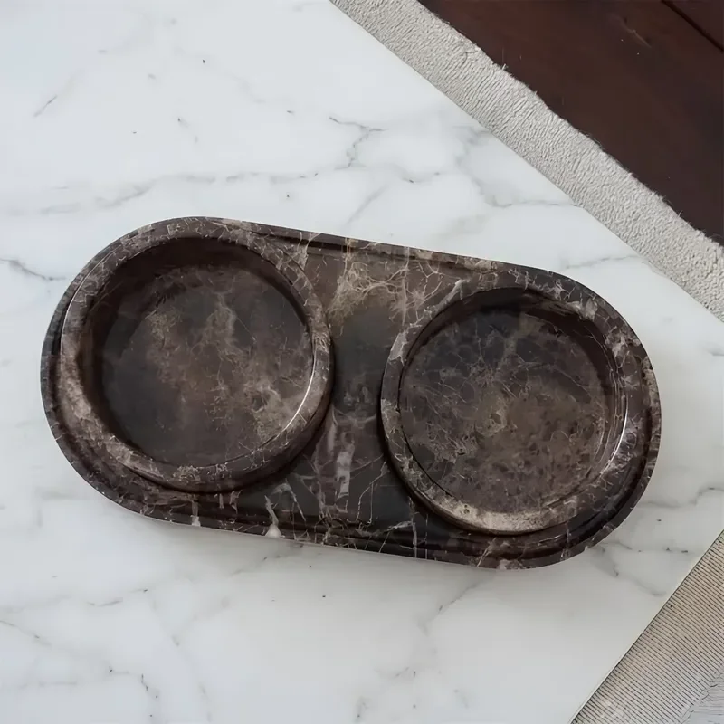 Natural Dark Emperor Marble Round Double Pet Bowl Set with Tray for Cats and Dogs Food Water Feeder Station Elegant Design