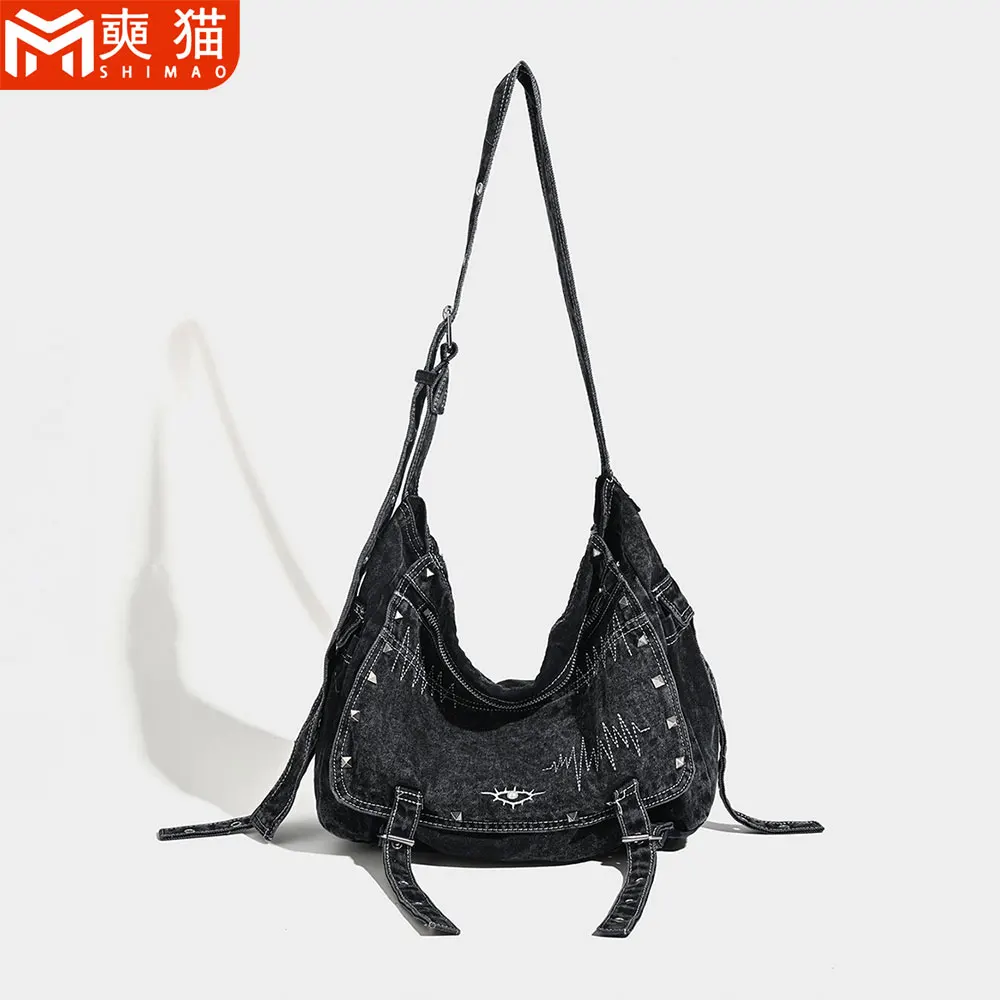 Trend Retro Denim Shoulder Bag For Men Women Students Large-Capacity Commuting Bag For Boys Girls Washed Denim Cross-Body Bag