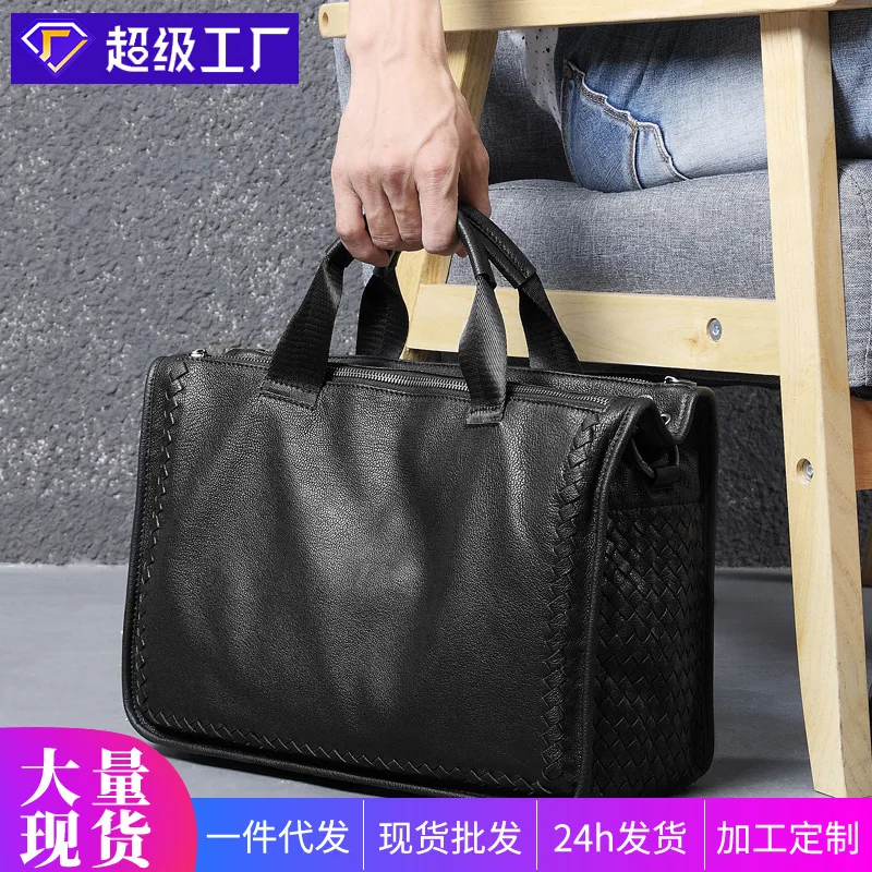 Genuine Business Single Shoulder Handheld Laptop Sheepskin Briefcase Woven Crossbody Men's Messenger Luxury Briefcases Men