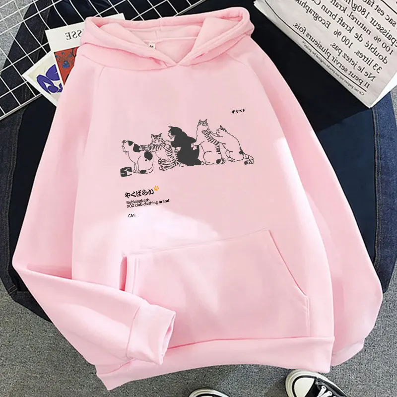 Felpa con cappuccio Hip Hop da donna Streetwear giapponese Kanji Harajuku maglione gatto divertente maglione invernale Top stampa felpe Oversize donna