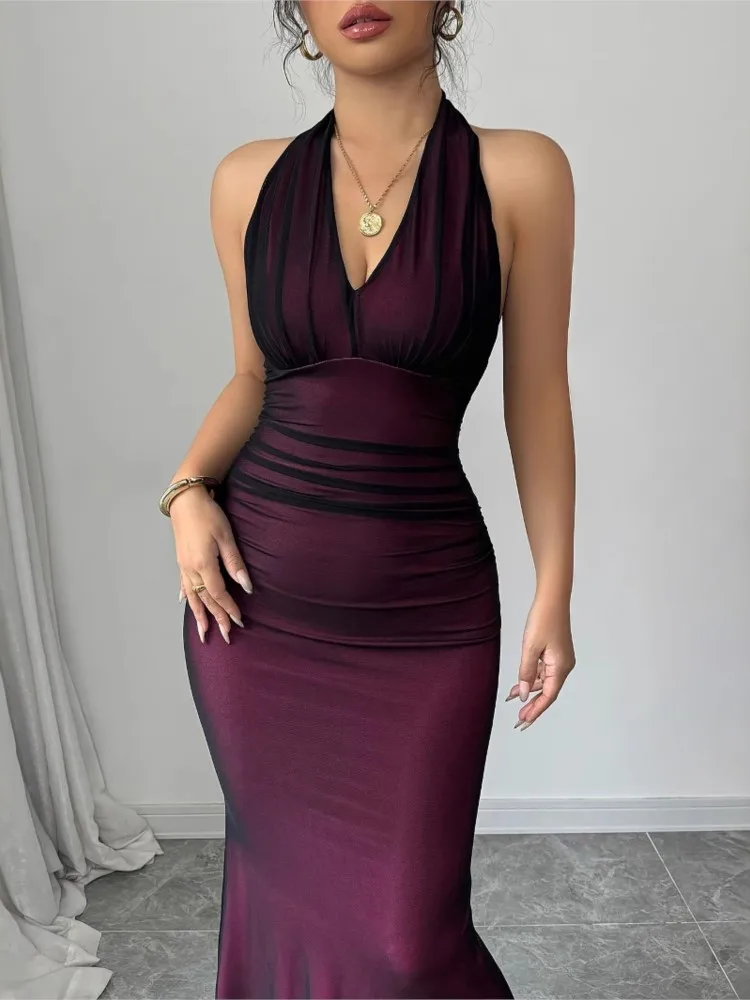 Vestido sin mangas de verano para mujer, vestido Sexy ajustado con espalda descubierta y volantes a la moda, vestido largo plisado de cintura alta para mujer