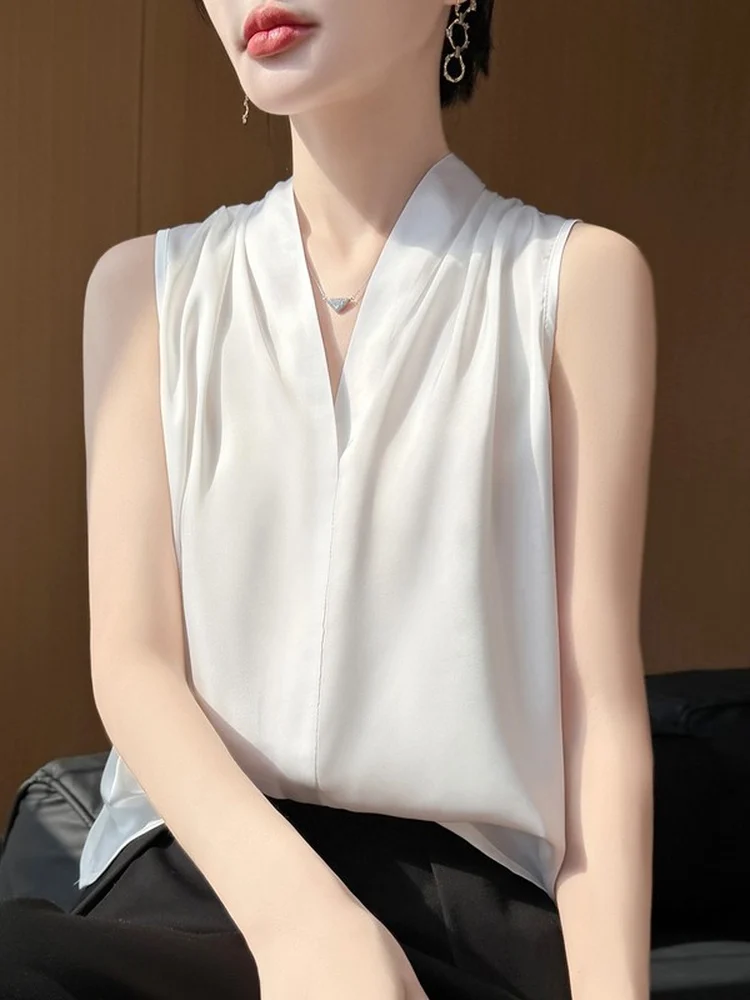 

Ele V-Ne Svel Silk Vest Women's Commute High-End Feel Top Blouse Straight Cut Regular Svel V-Ne