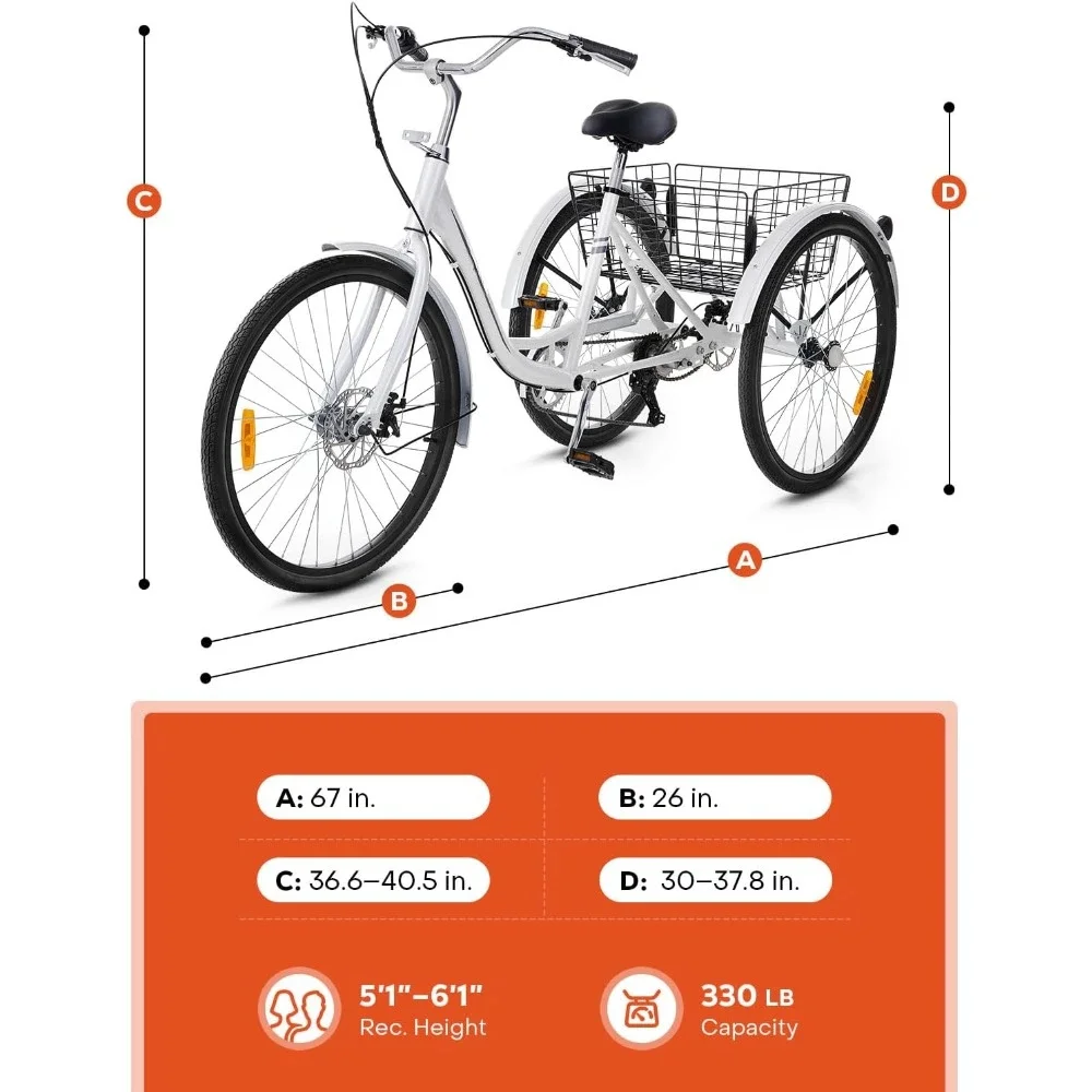 Tricycle à 7 vitesses avec panier, pour femmes hommes personnes âgées