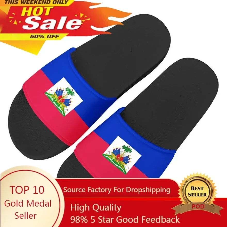 Haiti Flags Pattern Women Slippers Couple Home Sandals Women Indoor Slip On Shoes House Floor Non-slip Slides Black