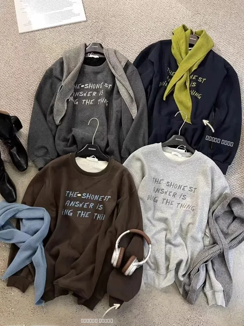 

Trendy Winter New Arrival Women's Fce-Lined round Ne Sweatirt Casual Versatile Loose Letter Print Scarf Included