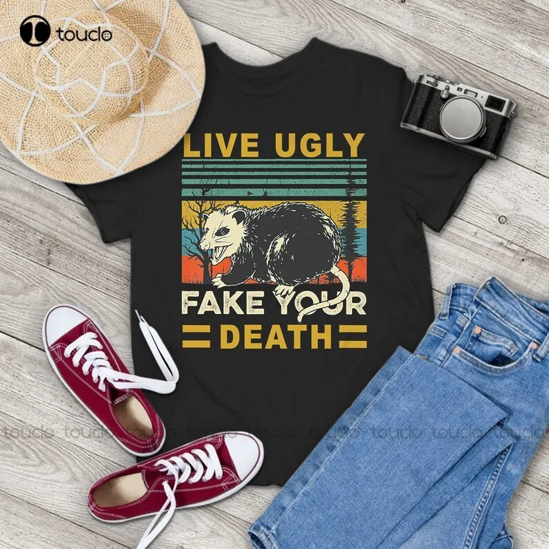 Live Ugly Fake Your Death Vintage Retro T-Shirt, Possum Shirt, Funny Animal Shirt Digital Printing Tee Shirts Custom Gift Xs-5Xl