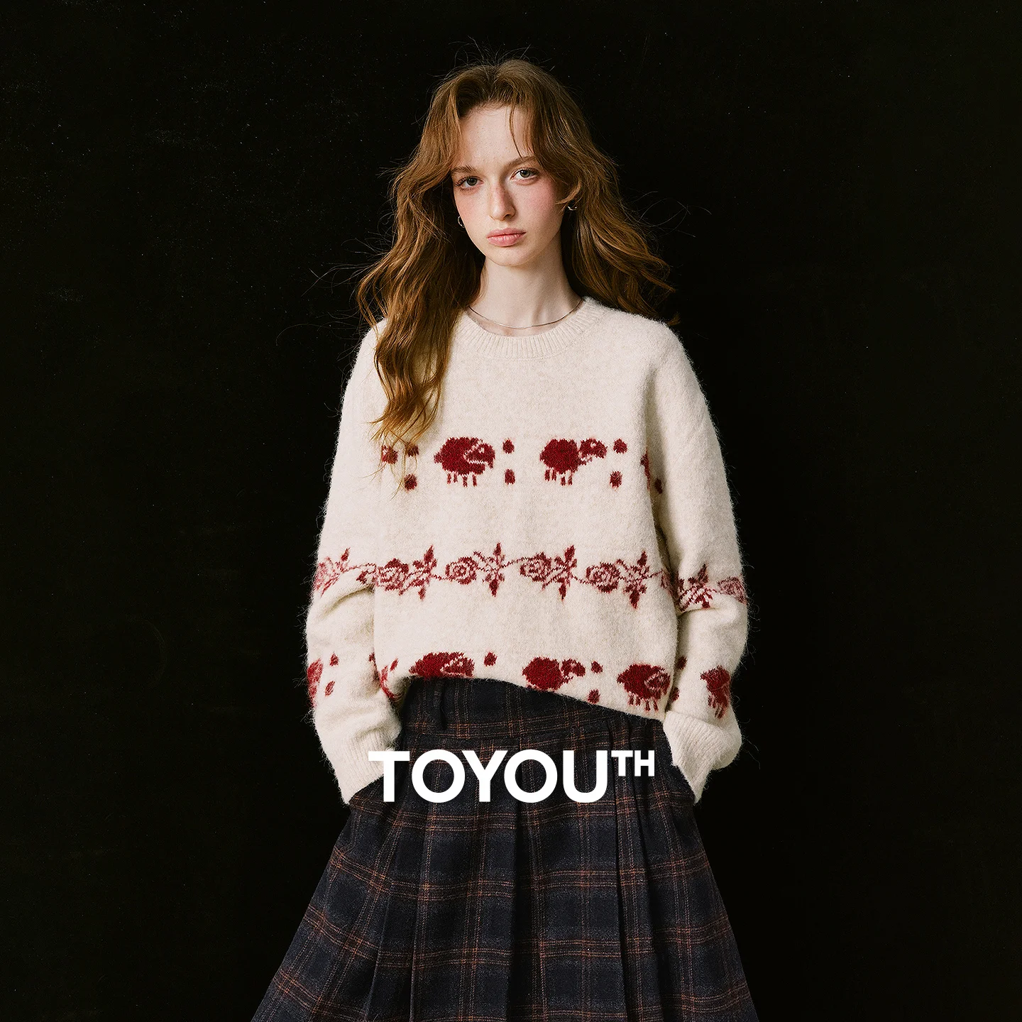 TOYOUTH Women Sweater 2026 Winter New Sheep Jacquard Long Fringe Oversized Crew Neck Wool Blend Pullover Tops