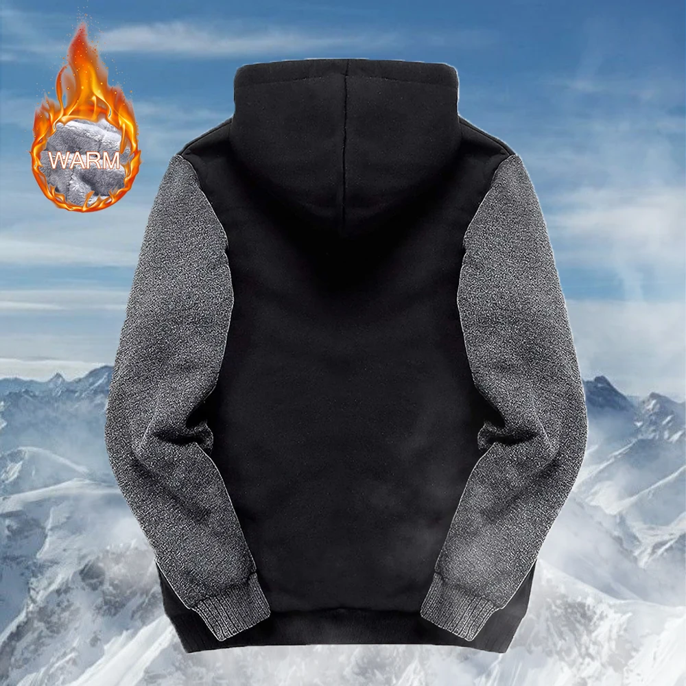 Black Hooded Jacket Men Fashion Casual Plush Sweater Sportswear Outdoor Sports Cold Proof Zipper Cardigan Men's Street Clothes