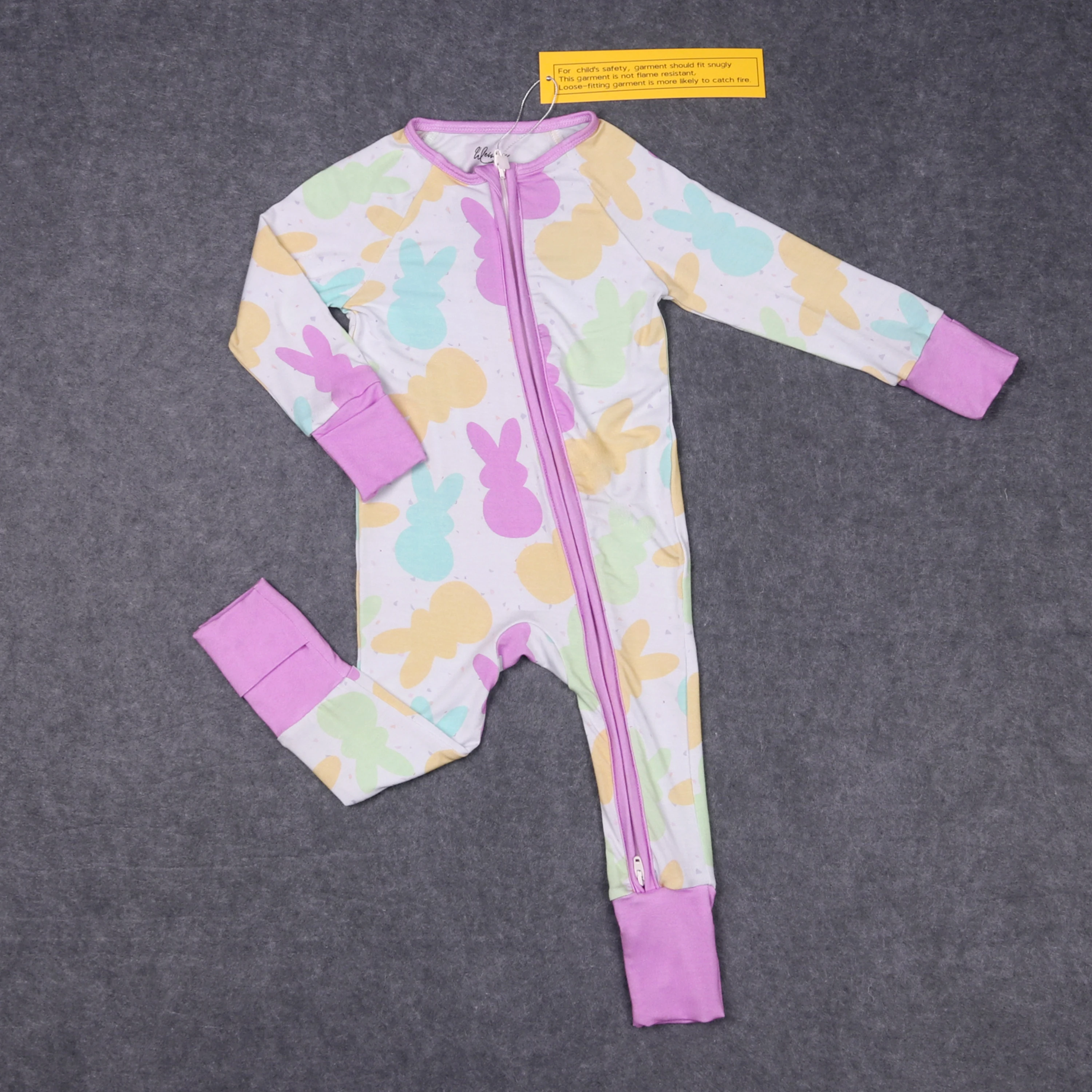 

Детский бамбуковый комплект на молнии Ykk с длинными рукавами для девочек, комплект с круглым вырезом и кроликом, фиолетовый верх, одежда и брюки, костюм, комбинезон, пижама