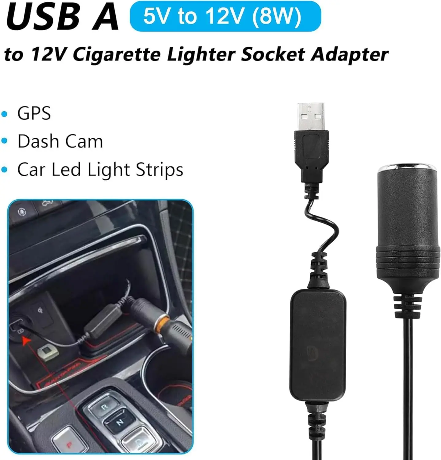 USB A Male to 12V 8W Cigarette Lighter Socket Adapter Power Cable for Dash Cam, GPS, Car Led Light Strips 2Pack