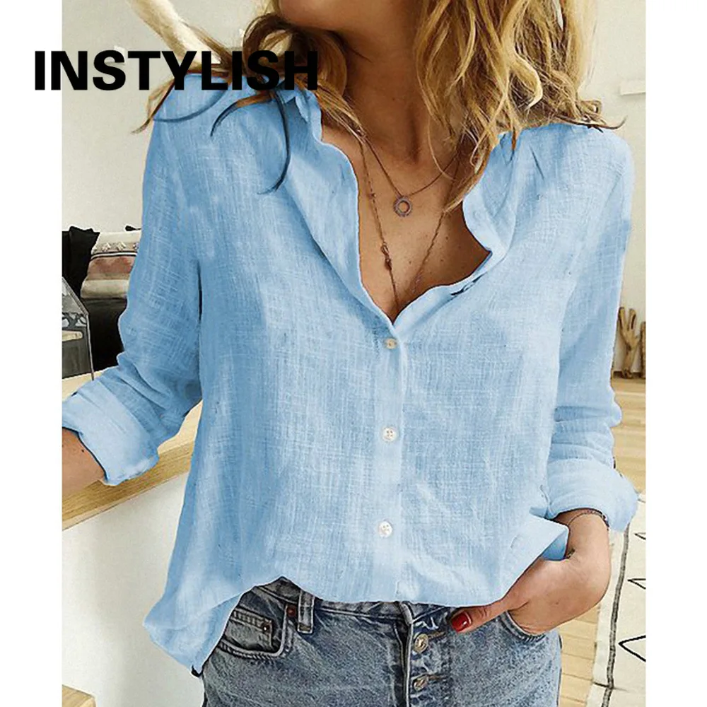 Women Casual Long Sleeve Cotton Linen Shirt Elegant Solid Cardigans Autumn Button Lapel Shirt Loose Oversized Blouse Tunics