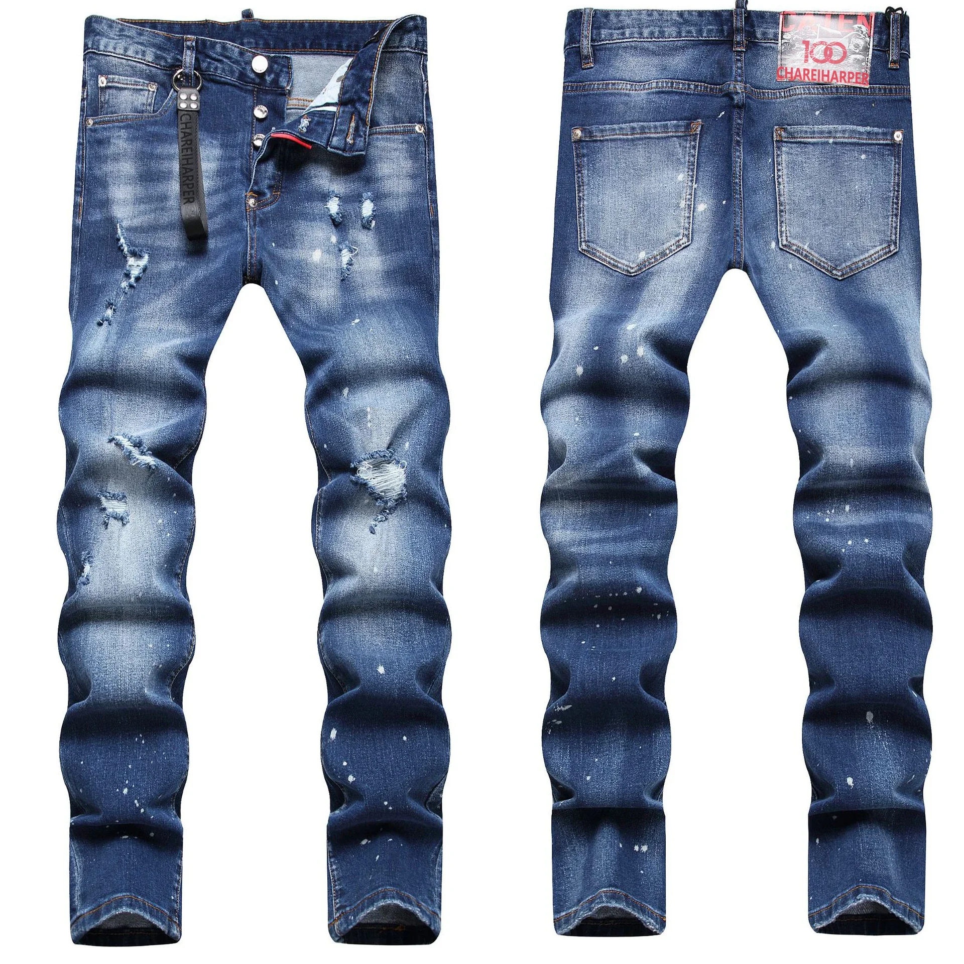

chareiharper dsq1037 plus size Men's jeans ripped fashion hanging adornment trend paint slim slim feet mid-waist pants