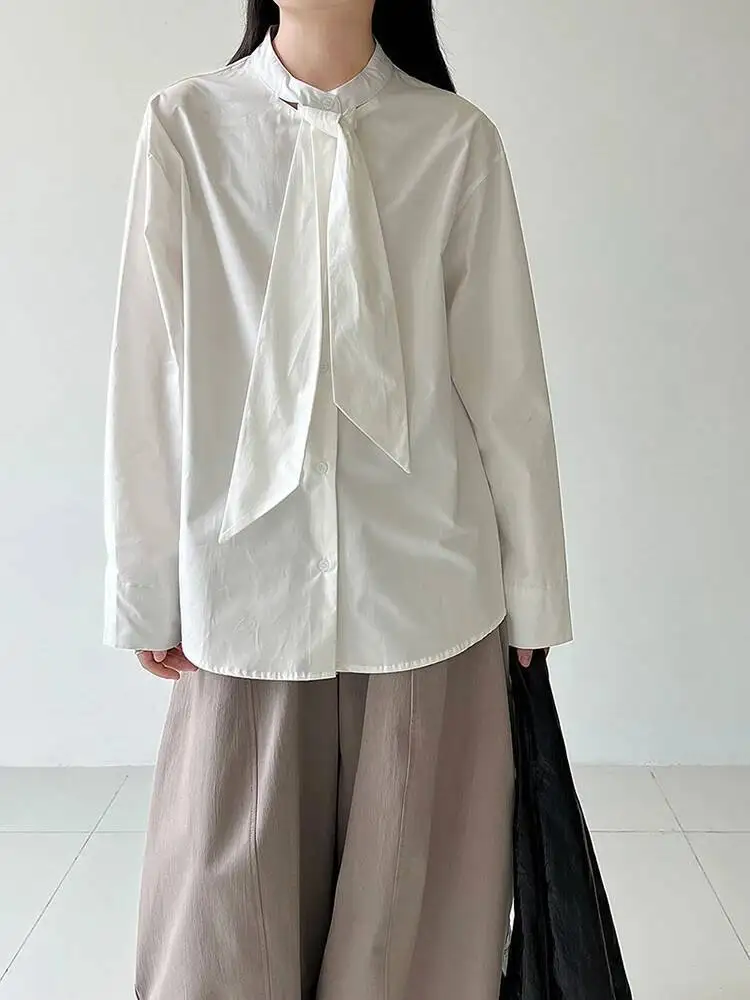 

Women White Bandage Elegant Big Size Blouse New Stand Collar Long Sleeve Shirt Fashion Tide Spring Autumn