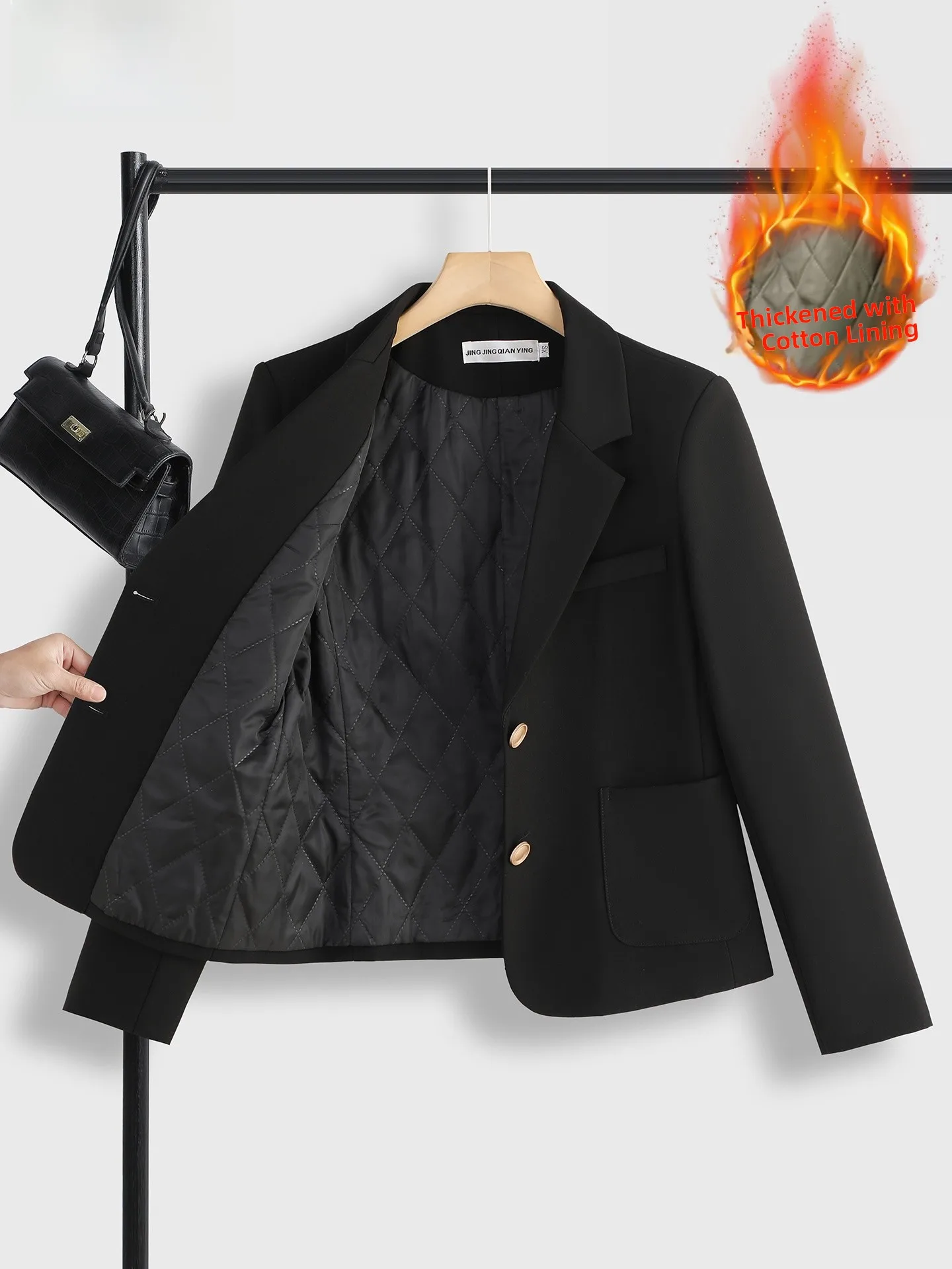 Thickened Cotton Short Suit Jacket Women's Casual Style Commute Fashion plus Size Button Pocket Polyester Fiber Anti-Wrinkle