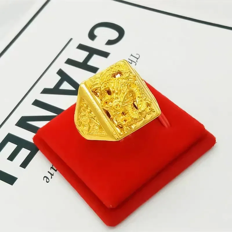 24K gold, AU999 men's solid gold dragon ring, bold open mouth, fashionable and elegant man