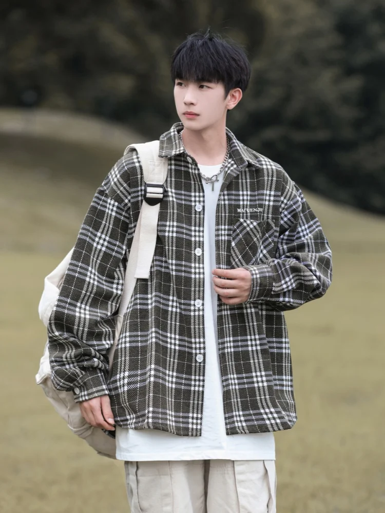 

Trendy Plaid Long Sve irt Men's Casual High-End Feeling Haome Casual Top Japanese Retro Men's Clothing Spring